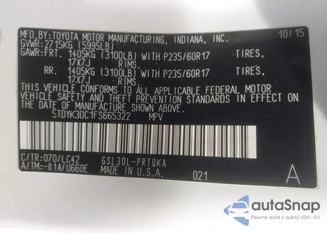 2015 Toyota Sienna Xle/Limited z USA, uszkodzony, nr VIN 5TDYK3DC1FS665322